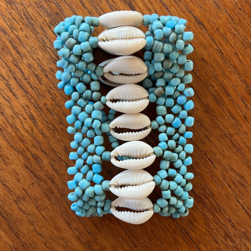 Handmade Turquoise Seed Bead & Cowrie Shell Bracelet | Boho Beach Style